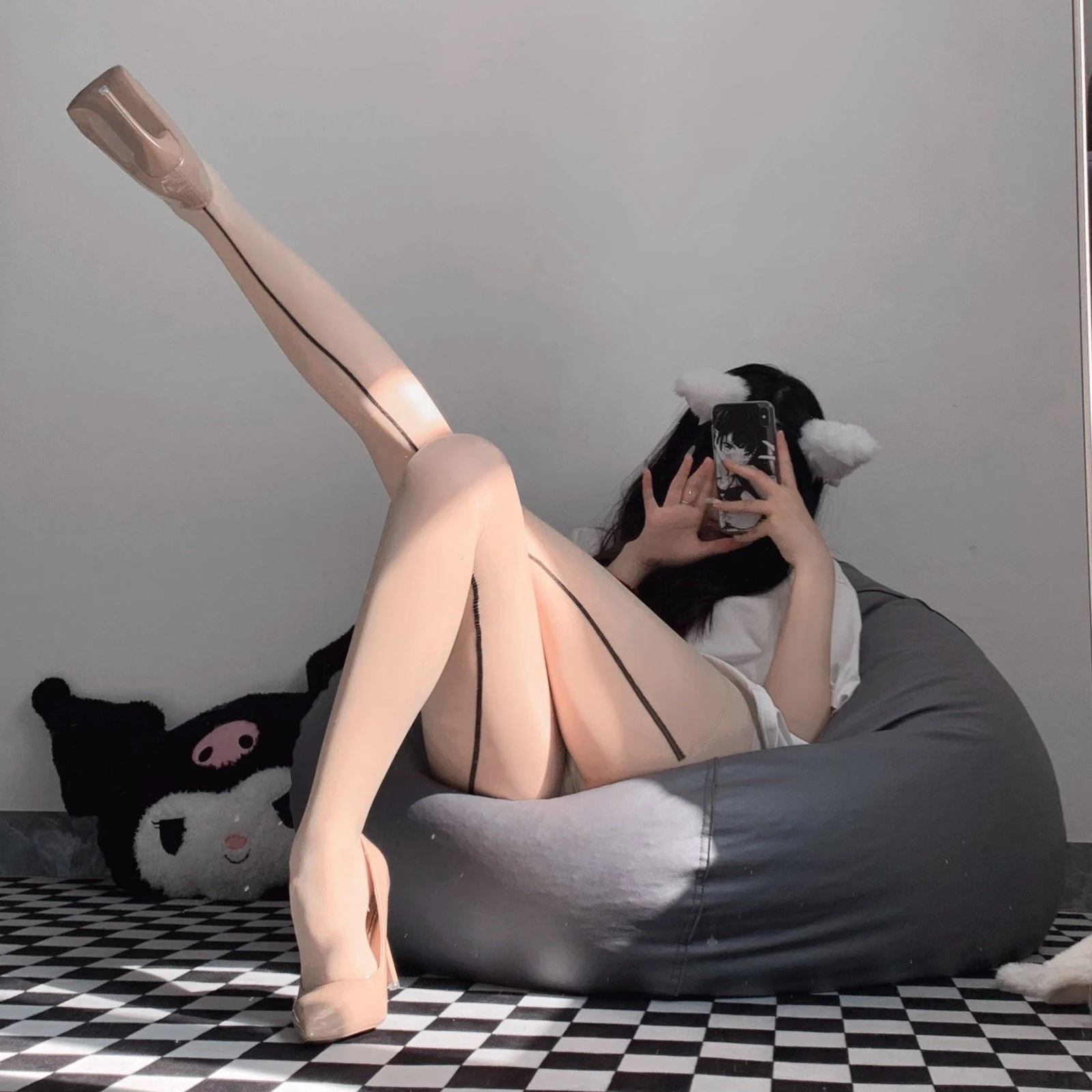 W-3084 Alluring Black Silk Fishnet Lace Jumpsuit Stockings - Image 4