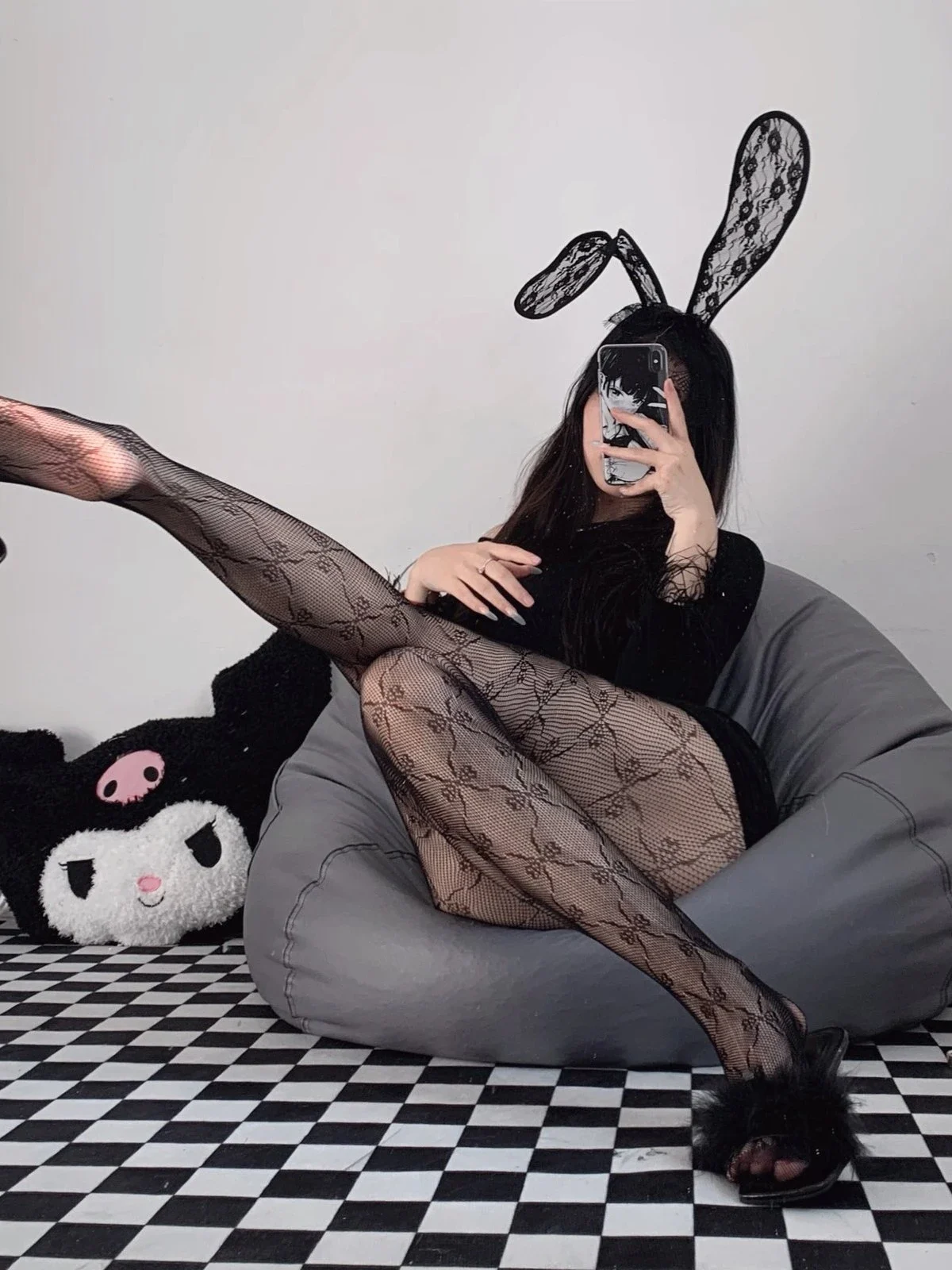 W -3058 Sexy Black Silk Fishnet Lace Jumpsuit Stockings