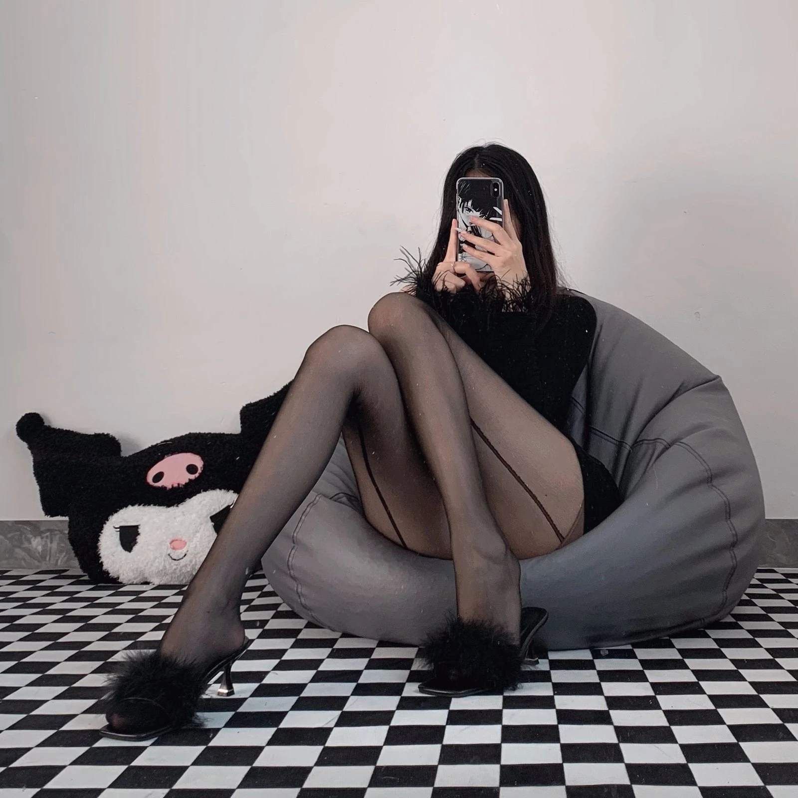 W-3084 Alluring Black Silk Fishnet Lace Jumpsuit Stockings - Image 2