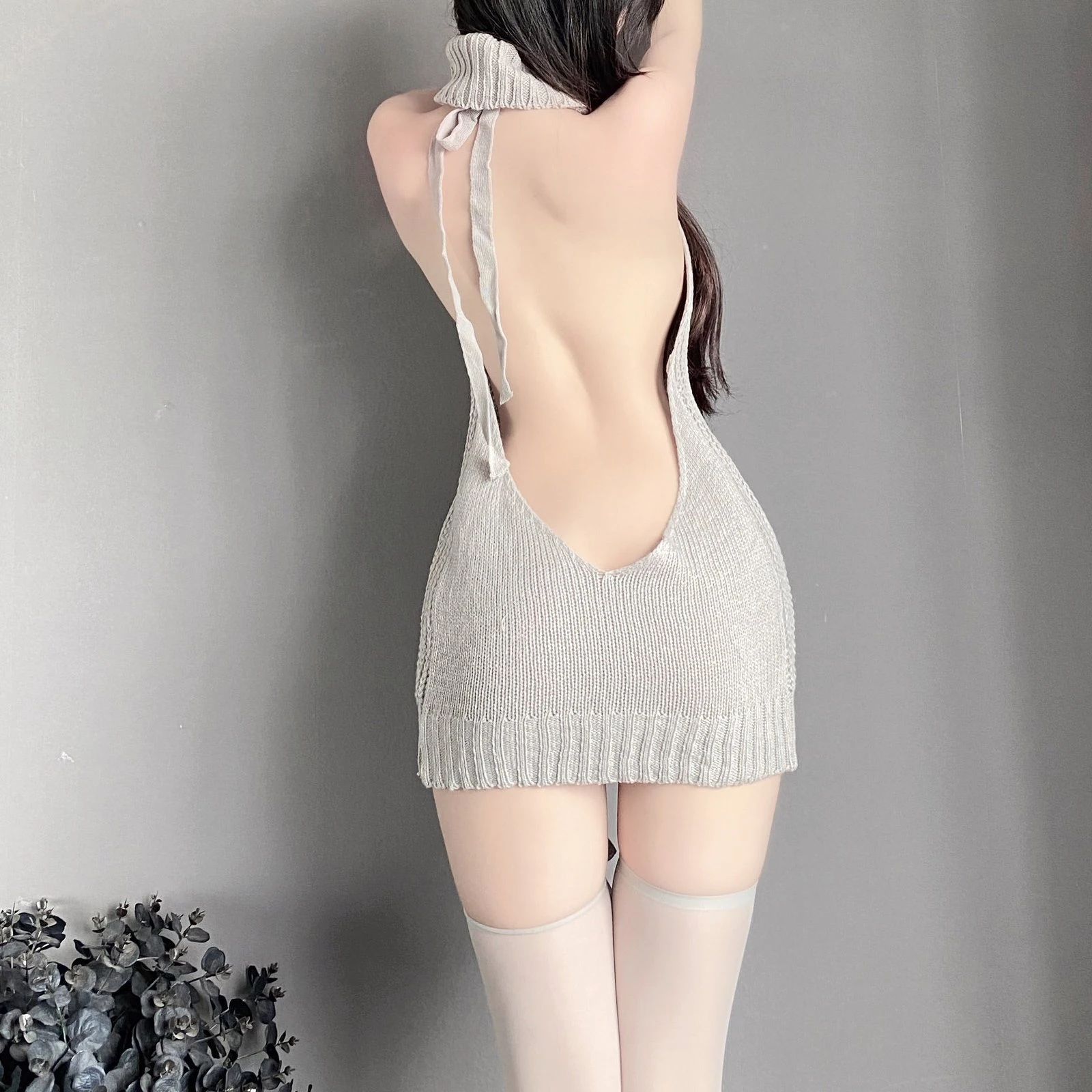 C-1057 Sexy Open-Chest Backless Gray Sweater - Lingerie Set - Image 3