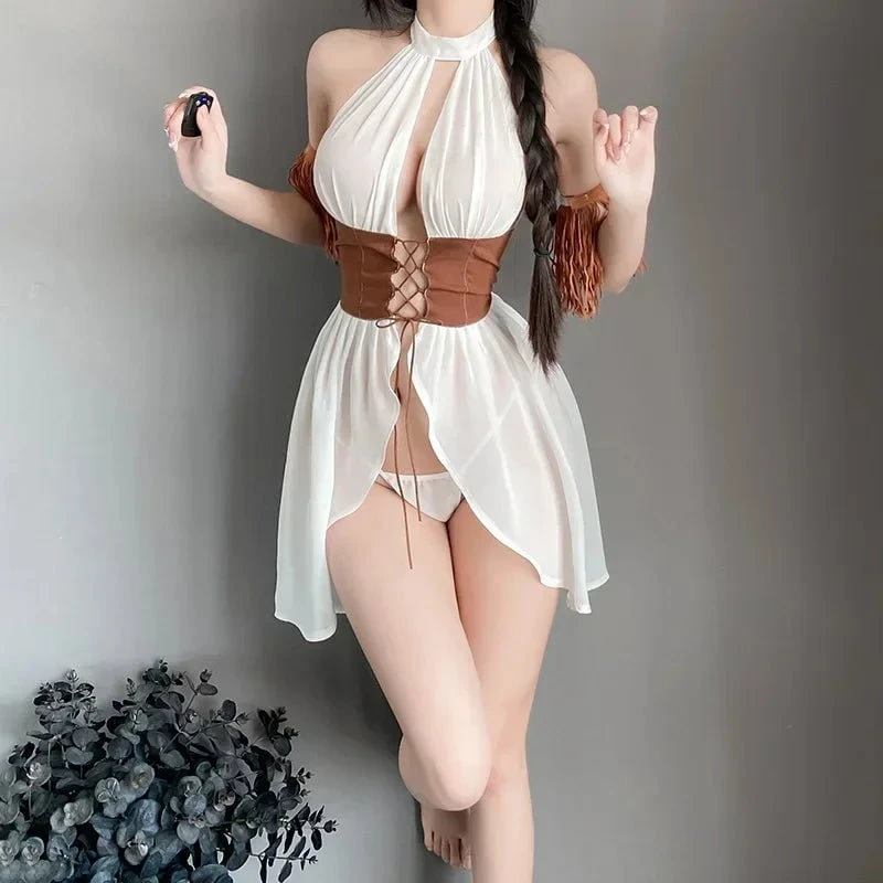 B-268 Seductive See-Through Mesh Lingerie - White Halter Dress with Corset Waist - Image 3