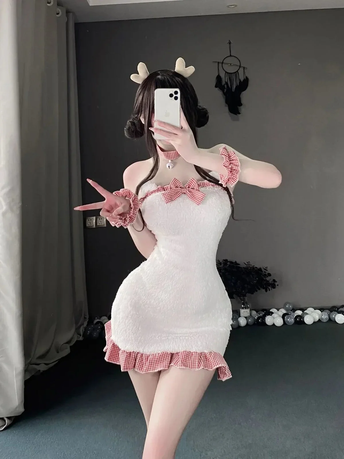 C-31 Sexy Lace Bow Nightgown Hip Skirt Deer Ears Lingerie