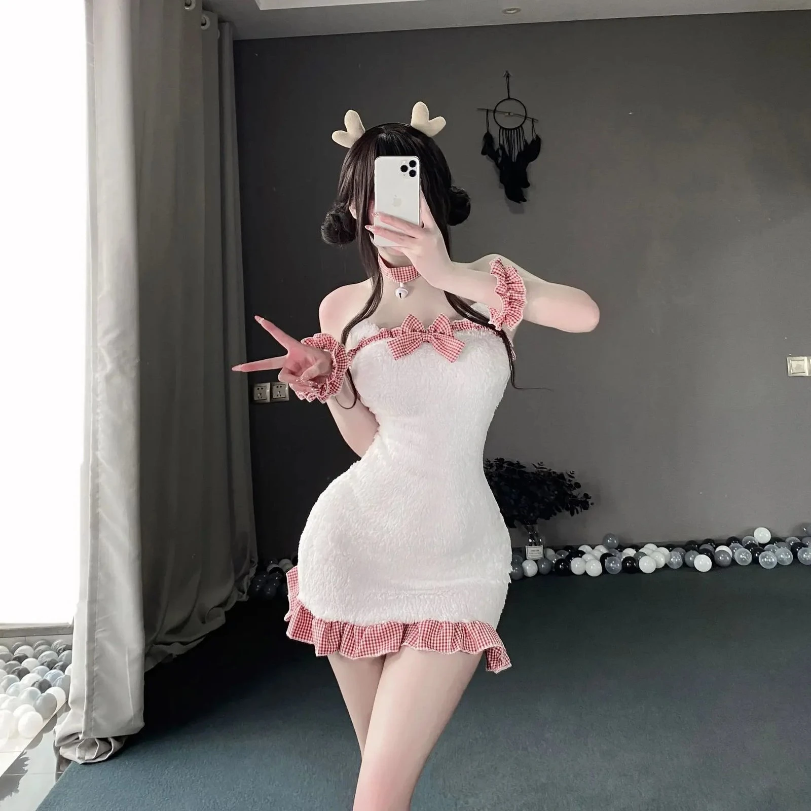 C-31 Sexy Lace Bow Nightgown Hip Skirt Deer Ears Lingerie